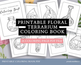 Floral Terrarium Coloring Book Pages Printable PDF | 26 flower terrarium colouring for kids adults women men teens