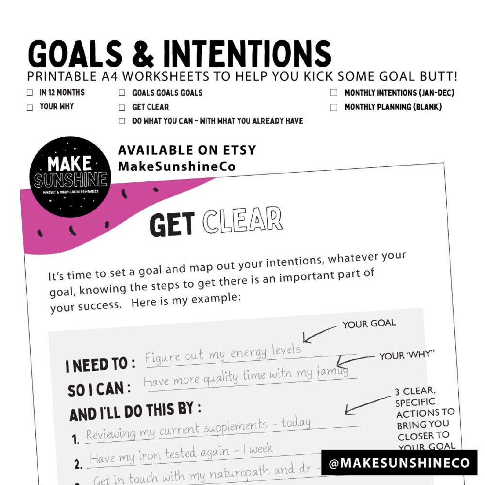 Daily Intentions Worksheet.pdf Printable GOALS & INTENTIONS Worksheets to Reach Your Goals | Instant ...