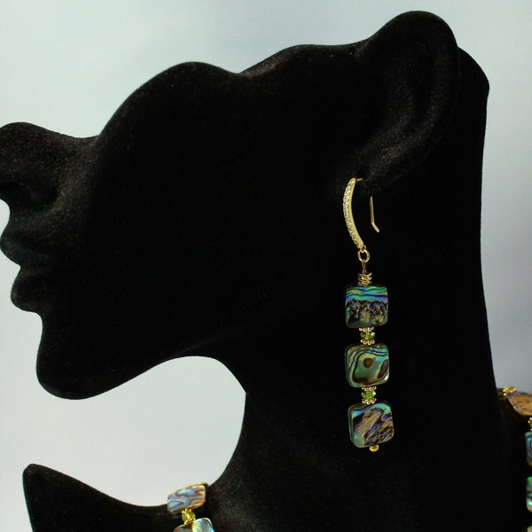 Abalone earrings Paua shell earrings 18k gold filled earrings Green Peridot Fishhook earrings Mother of pearl Dangle Cubic Zirconia hooks