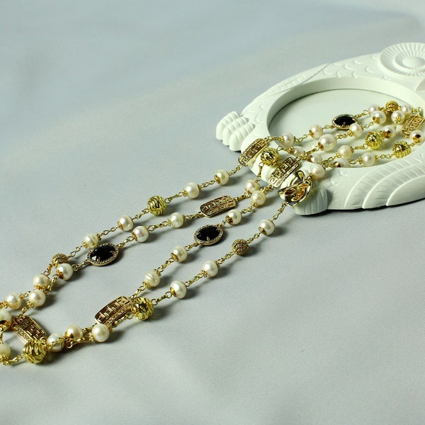 Collier de perles baroques Collier multi-rangs Collier lariat en Y Collier chaîne pull Collier long de perles Collier chaîne en or Or 24 carats