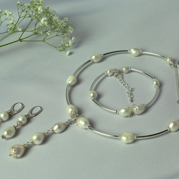 Real pearl jewelry set Bridal necklace Baroque pearl necklace Memory wire Wedding jewlry Pearl jewelry set Silver jewelry Romantic necklace