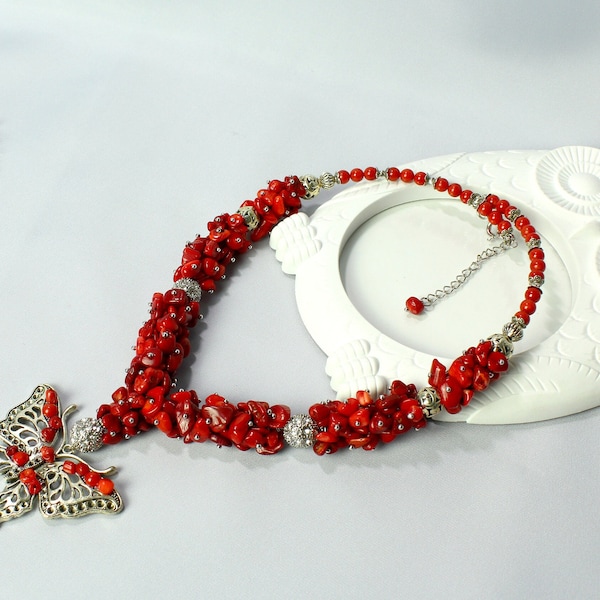 Raw coral necklace Statement necklace Memory wire Beaded Necklace Red necklace Butterfly pendant coral choker Cubic zirconia Sterling silver