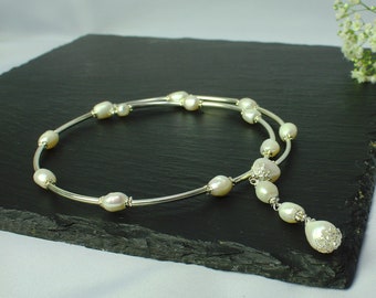 Baroque Pearl Memory wire Wrap Necklace 925 Sterling Silver Unique Bridal Jewellery Wedding Gift Ethical Cultured Pearls Minimalist Choker