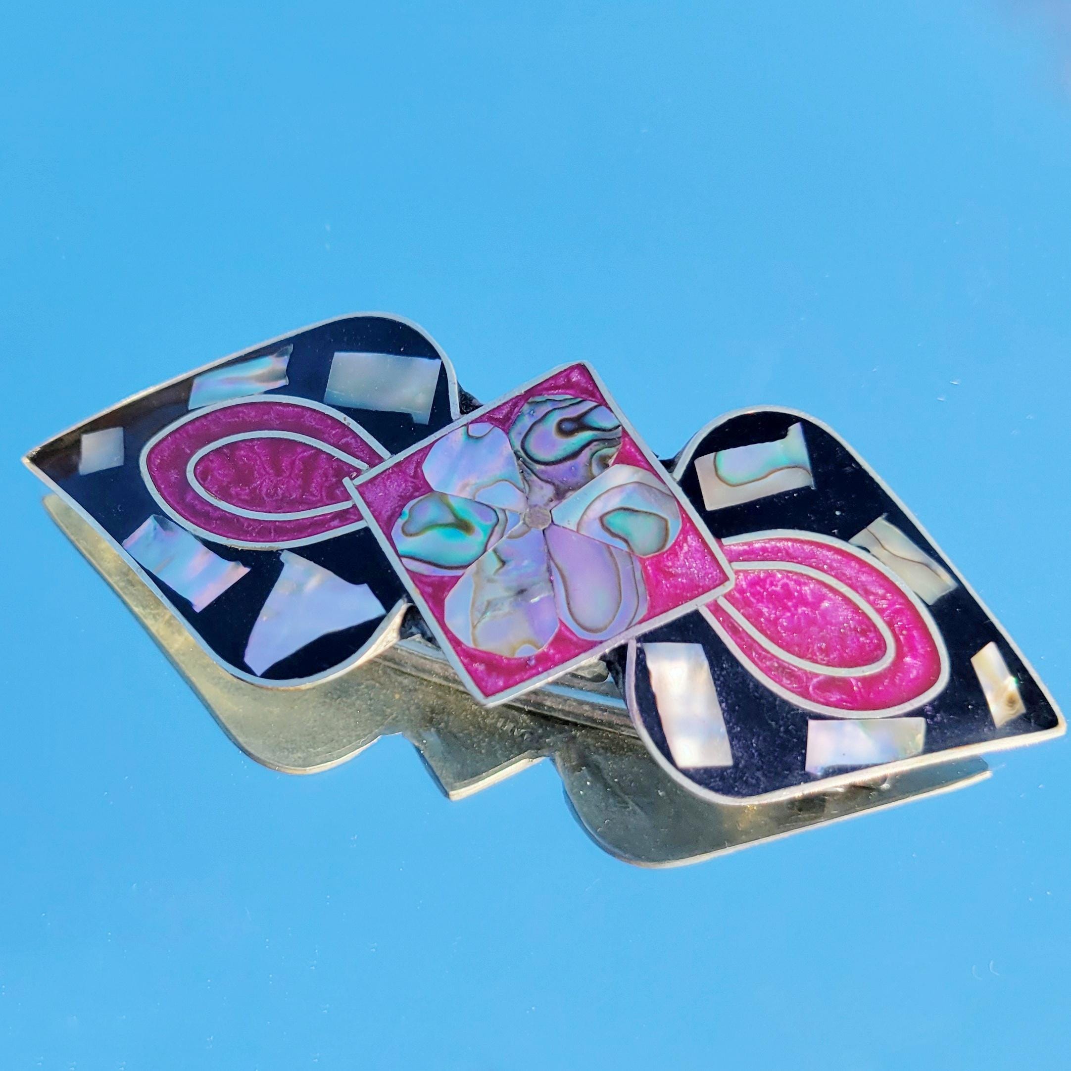 Vintage 80s Abalone Inlay Floral Barrette Set 2 Matching  display picture 3