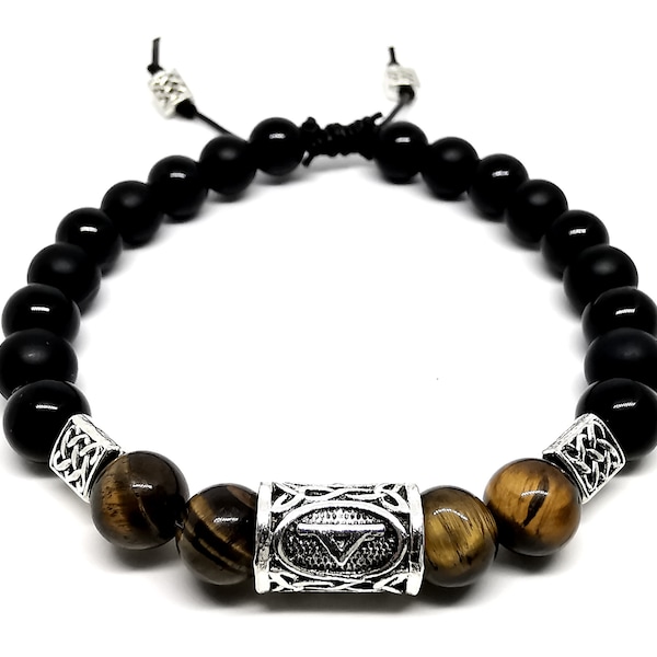 Celtic / Norse Viking Runic Tiger's Eye and Onyx Bracelet, Futhark Rune bracelet, Viking Dwarven Asatru Norse Jewelery, Gift for Dad Husband