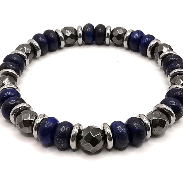 Lapiz Lazuli Bracelet, Men's Gemstone Jewellery, Beaded Stretch bracelet, stone of Courage Strength and Wisdom, Thrid Eye Chakra