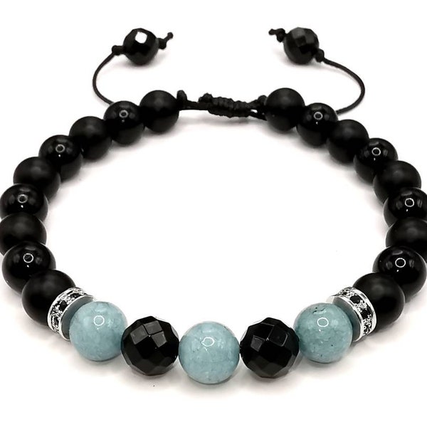 Mens Aquamarine Bracelet, Aquamarine and Black Onyx Jewellery, March Birthstone, Healing Crystal Gemstone, Birthday Gift for Him