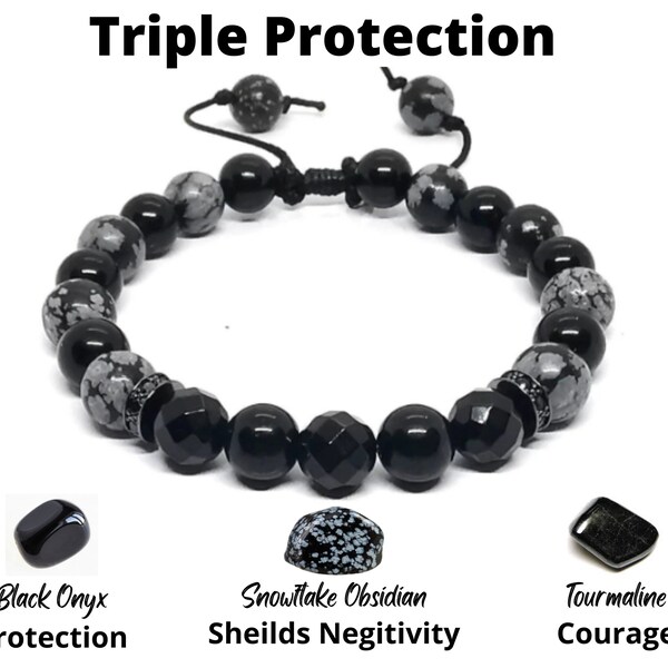 Triple Protection Bracelet, Snowflake Obsidian Onyx and Black Tourmaline Bracelet, Onyx Jewelery Men, Masculine Bracelets, August Birthstone