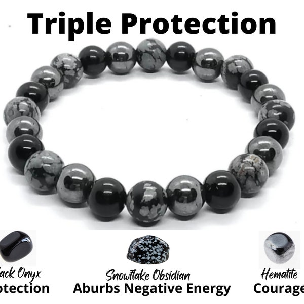 Snowflake Obsidian Hematite and Onyx Bracelet Triple Protection, Onyx Protection Jewelery, 7 Year Anniversary, Leo Virgo Birthstone Gift