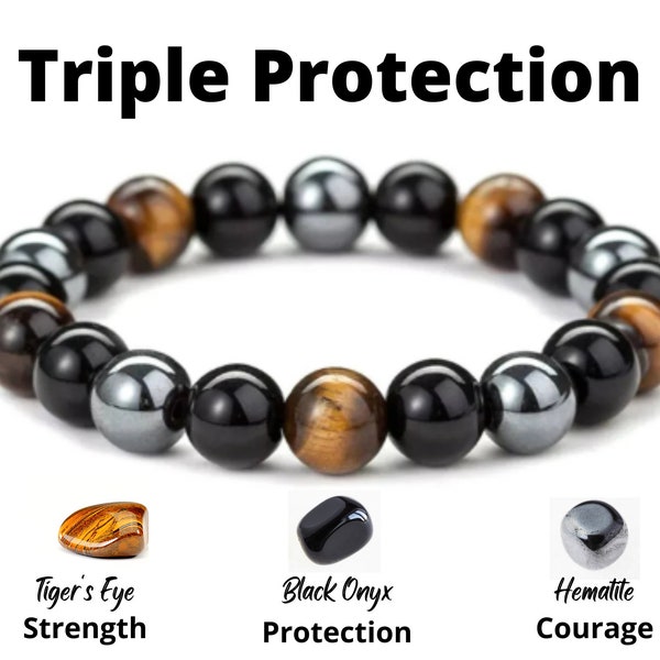 Bracelet Oeil de Tigre. Bijoux Onyx. Bracelet extensible triple protection en hématite, bijoux en onyx œil de tigre, cadeau pour homme, cadeau d'anniversaire