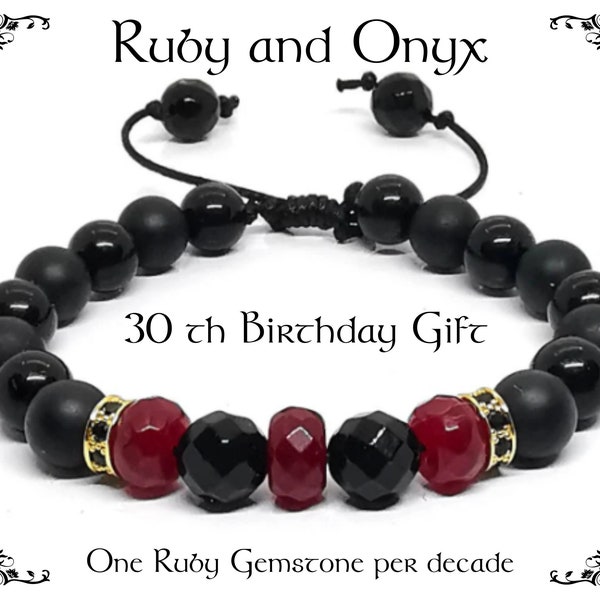 Genuine Ruby and Onyx Adjustable Bracelet, Ruby jewellery for men, July Birthstone, Leo Zodiac jewellery, Birthday gift, Gift for Husband