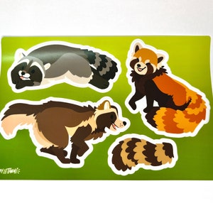 Folha de adesivos de animais: guaxinim, panda vermelho, tanuki lindo decalque para laptop presente peludo