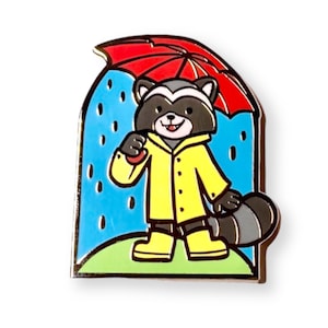 Rainy Day Raccoon Enamel Pin Brooch, Cute Chibi Animal Furry Design