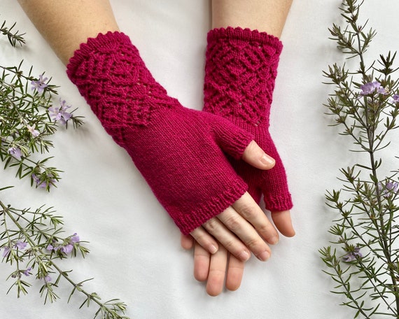 Womens Lace Wool Fingerless Gloves Hand Knitted Pink, Magenta Wool