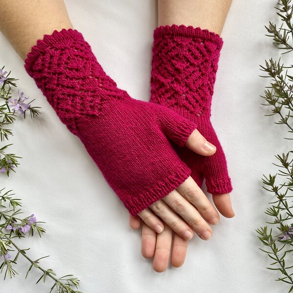 Women’s Lace Wool Fingerless Gloves | Hand Knitted Pink, Magenta Wool Mitts | Ladies Hand Warmers | Elegant Lace Design