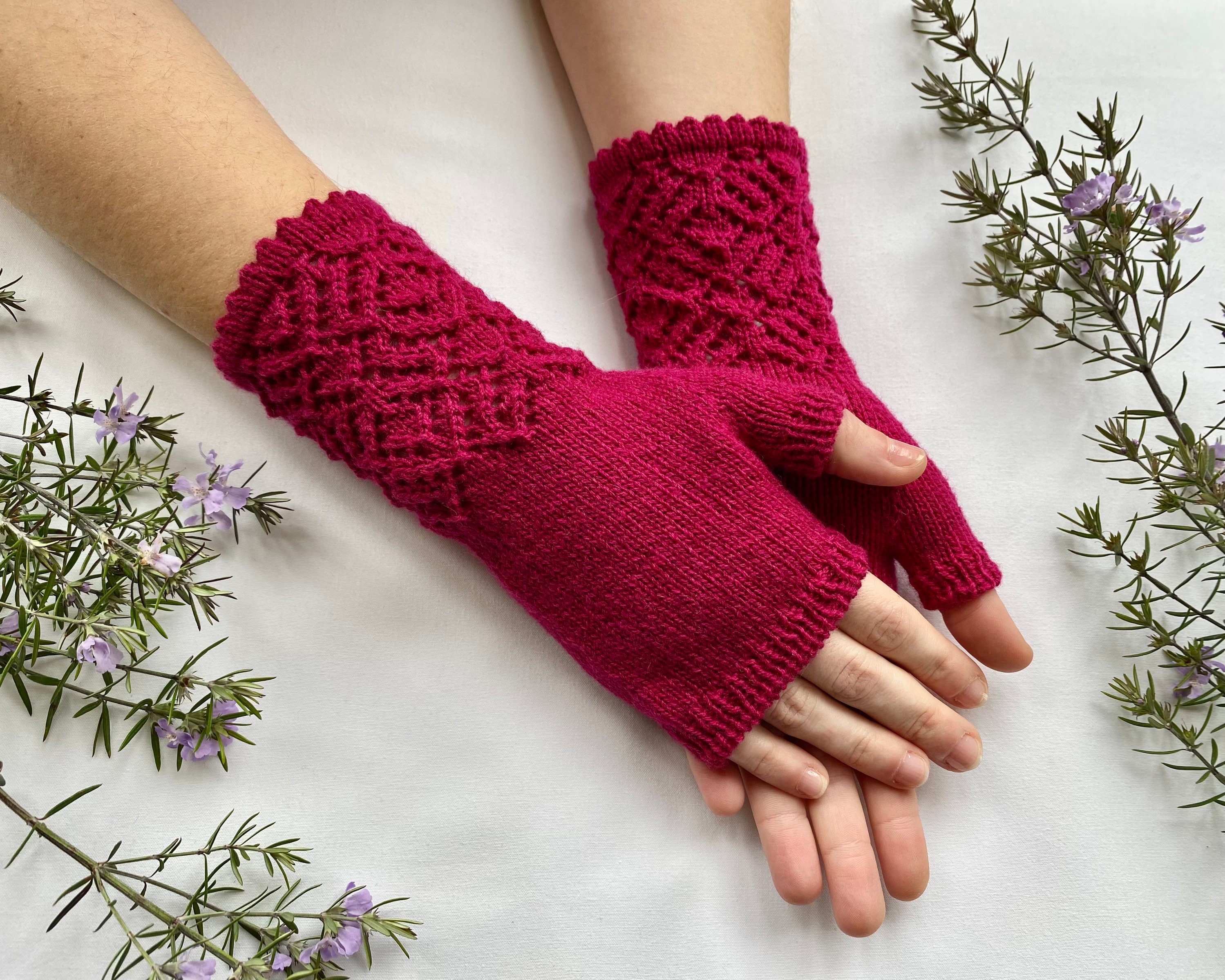 Buy Womens Lace Wool Fingerless Gloves Hand Knitted Pink, Magenta