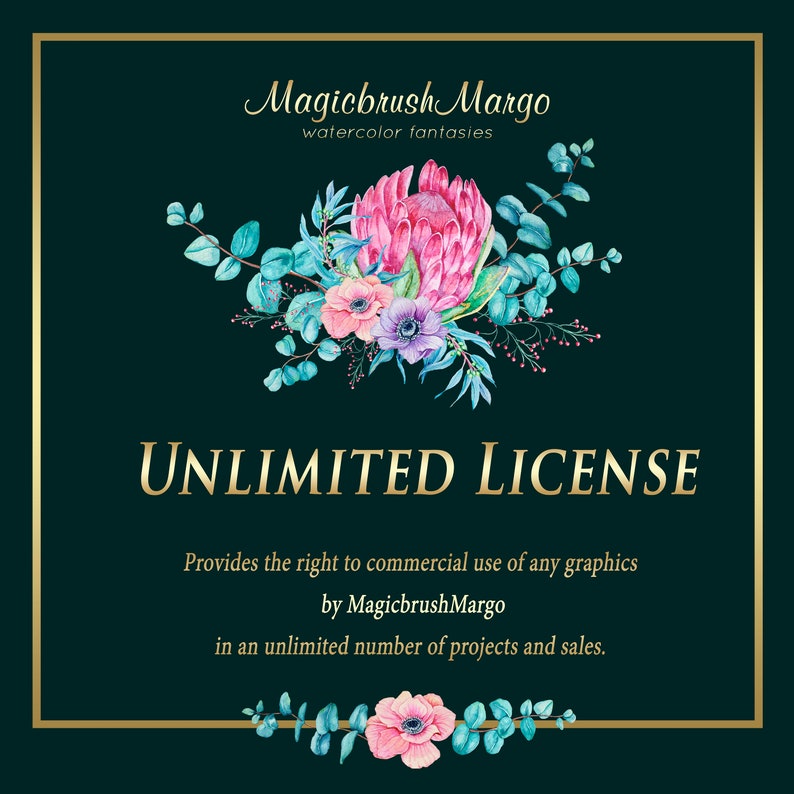 Provides the right to commercial use of any graphics by MagicbrushMargo in an unlimited number of projects and sales. Unlimited license