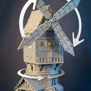 May include: A detailed miniature model of a stone windmill with a thatched roof and wooden blades. The windmill is painted in a light gray color and has a small window with a light inside. The base of the windmill is made of stone and has a small door and a ladder. A miniature figure is standing in front of the windmill.