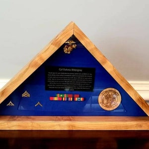 Memorial flag case/shadow box for U.S. Marine Corps, U.S. Army, U.S. Navy or U.S. Air Force.