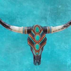 Southwest Decor Hanging Longhorn Beaded Steer Skull, Wall Art  Black Onyx ,Beadwork, Longhorn Bull Skull, Mosaic Cow Skull