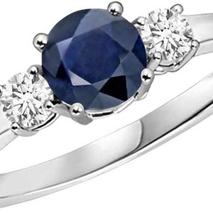 14K White Gold 1.25CTW Genuine Sapphire & Diamond 3 Stone Ring