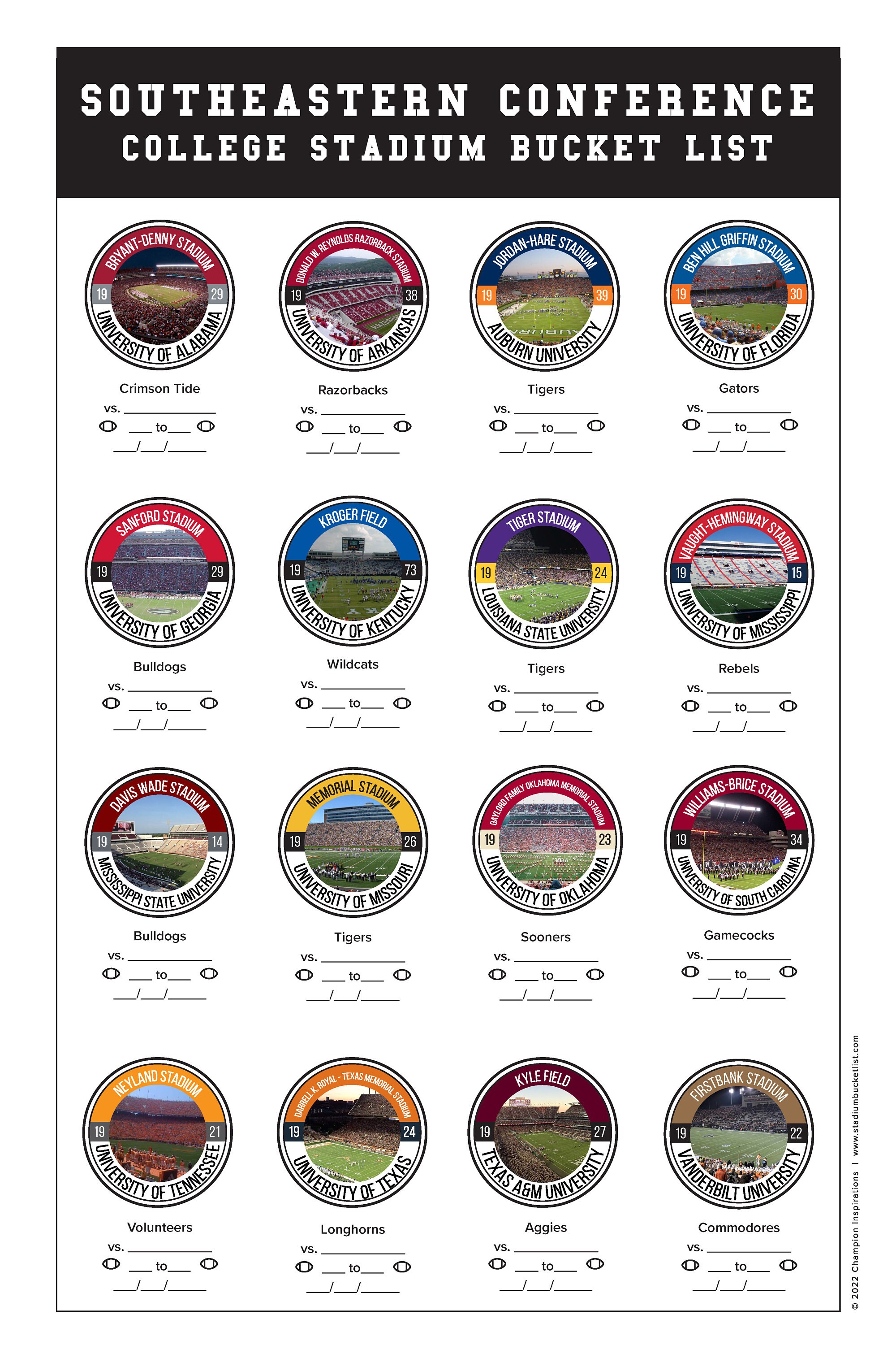 2025 SEC College Football Stadium Bucket List Poster White No Bowl