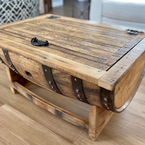 Whiskey barrel coffee table with storage