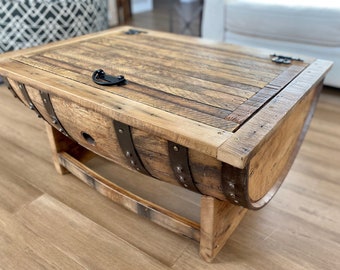 Whiskey barrel coffee table with storage