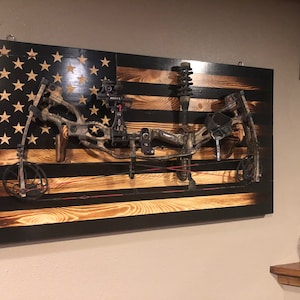 Subdued (Black/White) Wooden American Flag | Compound Bow & Rifle Rack