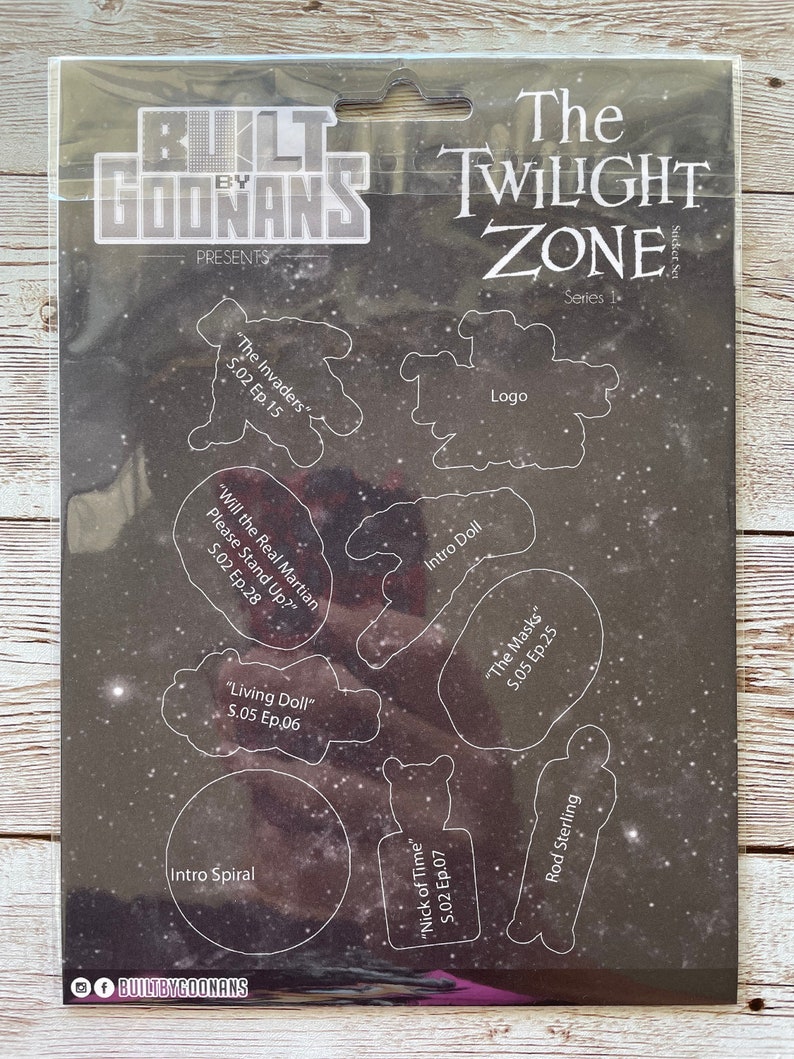 May include: A black and white sticker sheet with cut-out shapes of characters and logos from the Twilight Zone television series. The sheet includes the show's logo, the intro doll, Rod Sterling, and the titles of episodes like "The Invaders" and "Will the Real Martian Please Stand Up?"