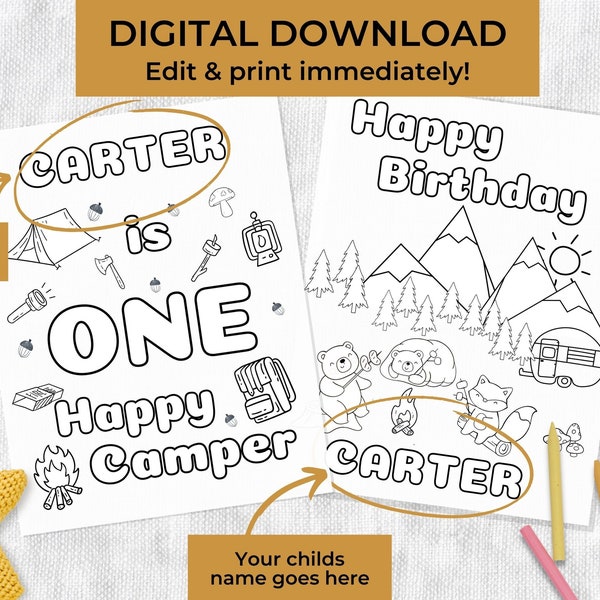 One Happy Camper Coloring Page for One Happy Camper Birthday Coloring Sheet Camping Theme First Birthday Personalized Happy Camper