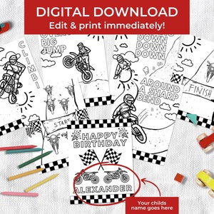 Puede incluir: Páginas para colorear imprimibles en blanco y negro con un tema de carrera de motocross. Las páginas incluyen frases como "Over a Big Jump", "Down Down Down", "Around a Sharp Bend" y "Finish". Las páginas están diseñadas para una fiesta de cumpleaños e incluyen el texto "Happy Birthday" y un espacio para un nombre.