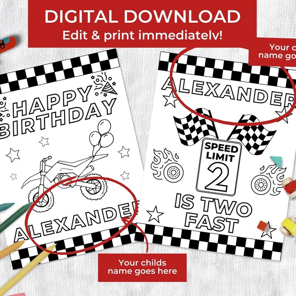 Editable Two Fast Coloring Page Dirt Bike Birthday Party Activity Custom Motor Cross Bike Racing Birthday Boy Activity Motorbike Printable