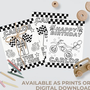 Hoja para colorear de fiesta de cumpleaños de motocross Página para colorear de motocross rápida Actividad personalizada de primer cumpleaños de motocross Tema de motocicleta