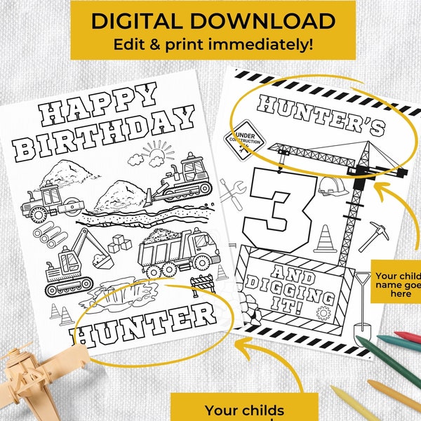 Personalized Construction Birthday Party Printable Coloring Page 2nd Birthday Construction Party Second Bday Construction Theme Birthday Fun