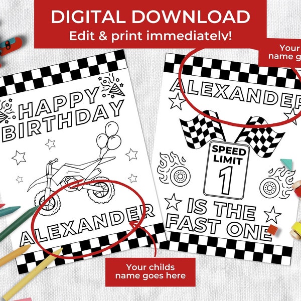 Editable Fast One Coloring Page Dirt Bike First Birthday Party Activity Custom Motocross Birthday Boy Activity Motorbike Racing Printable