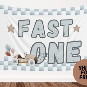 Fast One Backdrop Banner Blue Fast One Birthday Back Drop Racing Car Theme Decoration First Birthday Decor Racecar Sign Birthday Cake Smash