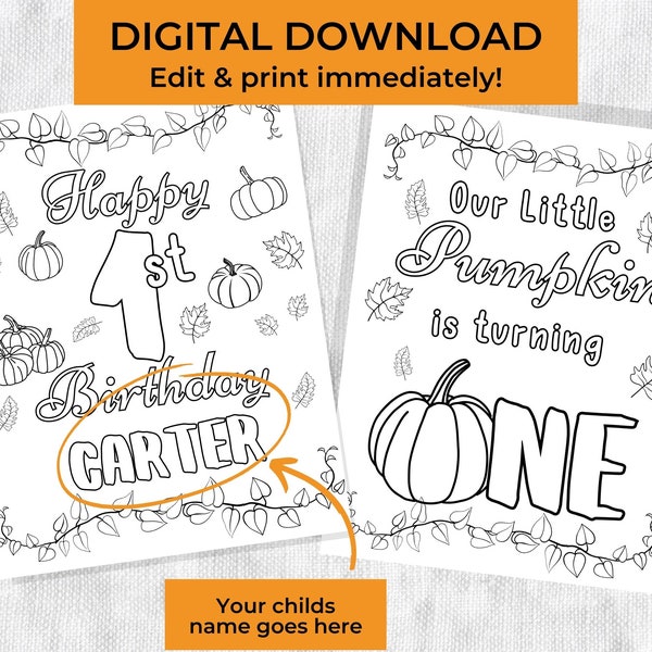 Little Pumpkin First Birthday Coloring Page Autumn 1st Birthday Party Activity Custom Fall Birthday Instant Download Printable Coloring Book