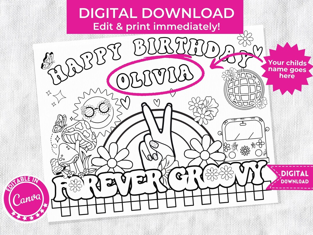 Groovy Girl Birthday Coloring Page Groovy Birthday Editable Coloring ...