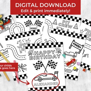 編集可能なレースカーの塗り絵ページ 素早い誕生日パーティーアクティビティ カスタムレースカーの誕生日ボーイテーブルアクティビティ 即時ダウンロード 印刷可能なPDF