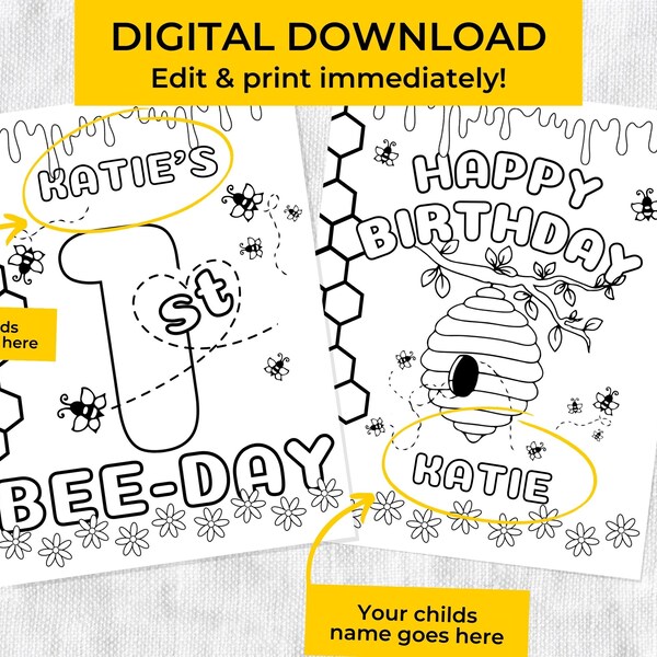 Personalized Bumblebee Coloring Page Bee Theme First Birthday Party Activity Custom Bee-Day Table Activity Instant Download Printable PDF