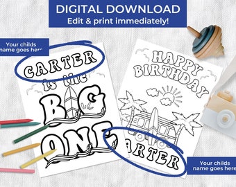 THE BIG ONE Surf Birthday Coloring Page Surfing 1st Birthday Party Activity Custom Surfer Birthday Instant Download Printable Coloring Book