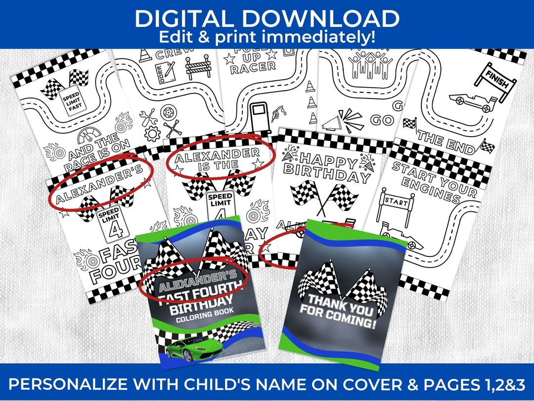 PERSONALIZE Race Car Birthday Coloring Book Fast Fourth Birthday