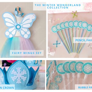 May include: A set of winter wonderland party supplies featuring a blue and white fairy wings set, a blue and white snowflake crown, blue and white snowflake pencil toppers, and blue and white snowflake bubble wands.