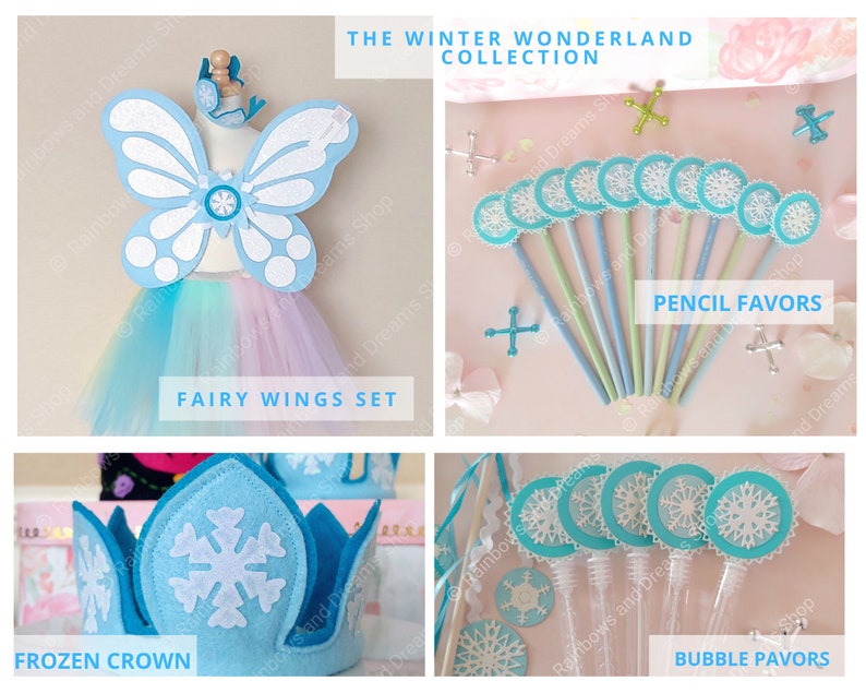 May include: A set of winter wonderland party supplies featuring a blue and white fairy wings set, a blue and white snowflake crown, blue and white snowflake pencil toppers, and blue and white snowflake bubble wands.