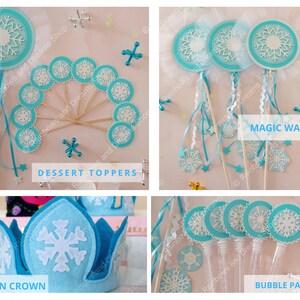 May include: Frozen-themed party supplies including a blue felt crown with a snowflake design, blue and white snowflake dessert toppers, blue and white snowflake magic wands, and blue and white snowflake bubble wands.