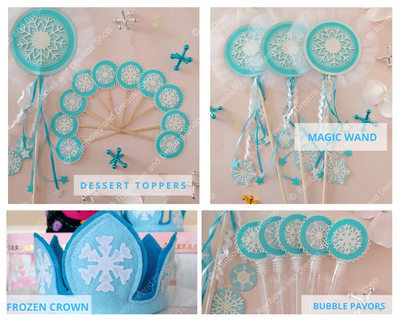 May include: Frozen-themed party supplies including a blue felt crown with a snowflake design, blue and white snowflake dessert toppers, blue and white snowflake magic wands, and blue and white snowflake bubble wands.