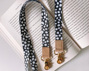 Black Midnight Leopard Fabric Lanyard, Teacher Essential & Gift for Classroom ID Holder, USBs and Keys