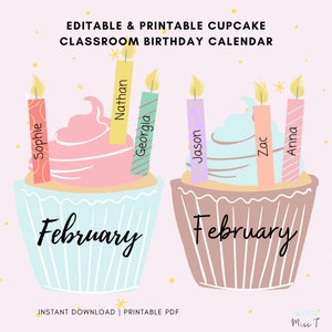 Calendário de aniversário de cupcake para sala de aula para impressão, download instantâneo gráfico mensal colorido, editável para nomes de alunos