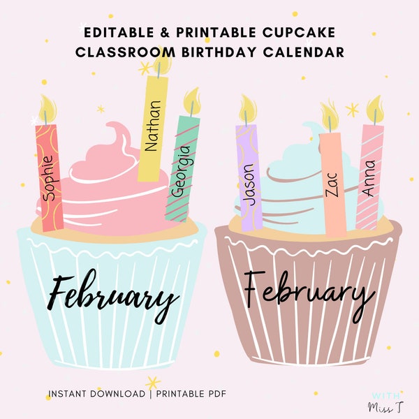 Druckbarer Klassenzimmer Cupcake Geburtstagskalender, sofortiger Download monatliches buntes Diagramm, bearbeitbar für Schülernamen